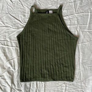H&M green ribbed cropped halter tank top
